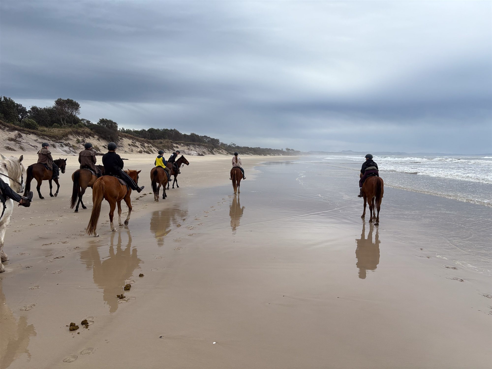 A group of helmeted riders exploring a wide beach on horseback beside the surf
